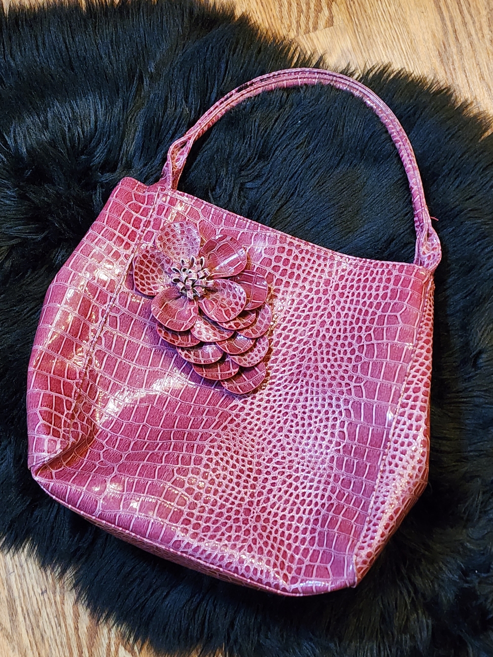 Maurices Mauve Pink Faux Croc-Embossed Boho Slouchy Tote with Floral Accent